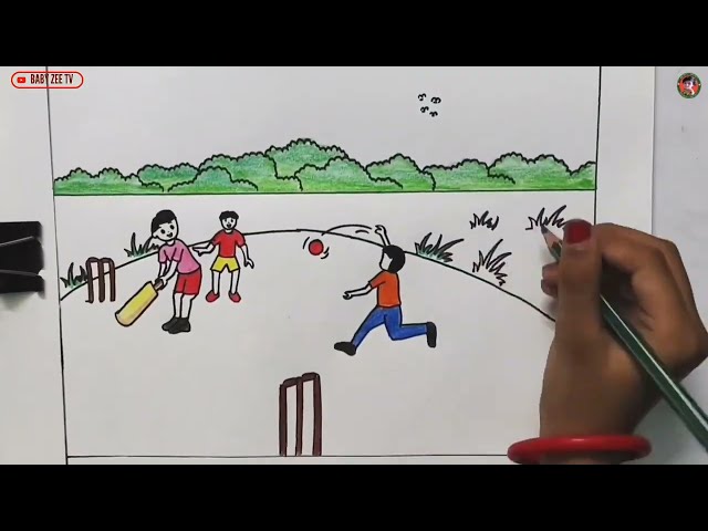 💥 Children Playing Cricket in Field Drawing 💥#drawing #play #cricket