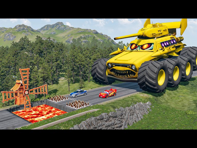 Camión cisterna gigante VS autos Rayo McQueen y patrulla de policía y carrera cuesta abajo en poz...