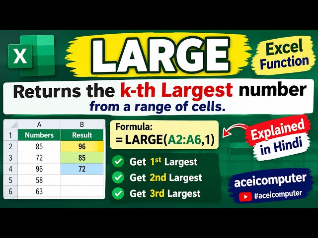 Excel LARGE Function Tutorial in Hindi How to Find 1st 2nd, 3rd Largest Value in Excel #aceicomputer