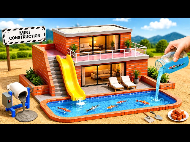 DIY Mini Tractor Builds Modern Brick Two-Story House & Swimming Pool With Slide | Science Project