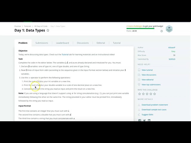 Hackerrank 30 days of code Java 8 Solution: Day 1: Data Types