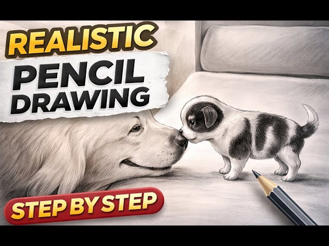 Realistic Pencil Drawing of a Dog & Puppy | Step-by-Step Sketch