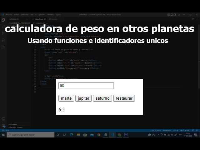 calculadora de peso con  javascript y HTML usando (input, botones, addEventListener, getElementById)