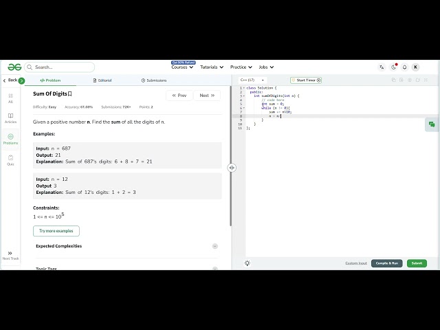 Sum of Digits | GeeksforGeeks | C++ | Dt: 20-01-2026 | Coding Mind