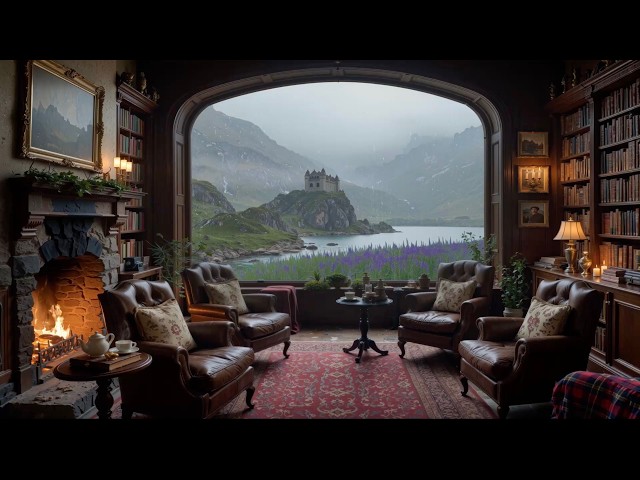 10 Streaming Cozy Scottish Castle Library: Rainy Day 📖, Loch View & Fire | Dark Academia Ambience