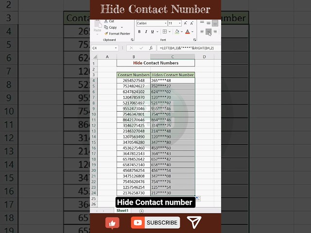 Contact number hide in excel with Right & Left function #excel #excelforbeginners  #excelshortcuts