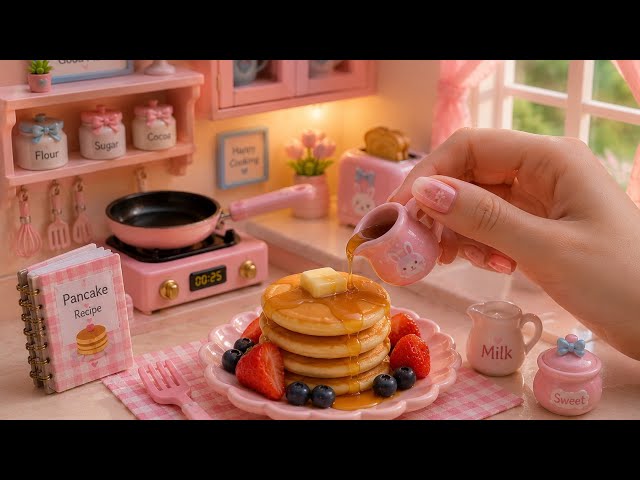 Making Pancakes in a Tiny Pink Kitchen 🥞 🌸 | Satisfying Miniature Cooking #miniature #pancake 