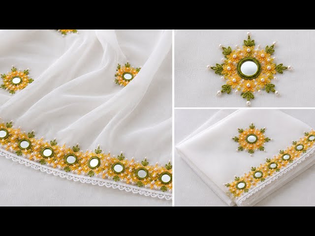 Beautiful Mirror Work Embroidery Border Design ✨ | White Dupatta Floral Motif with Pearls|by Fareha