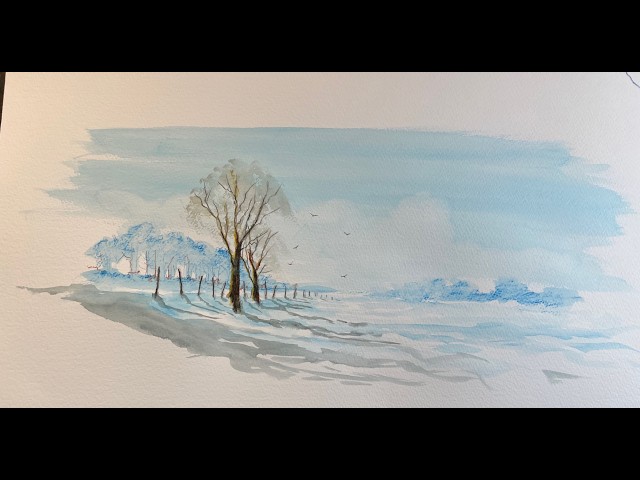 A snow scene in watercolour pencils, step by step.