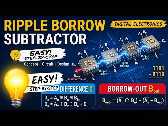 Ripple Borrow Subtractor Explained | 4-Bit Binary Subtraction | Digital Electronics | Hindi