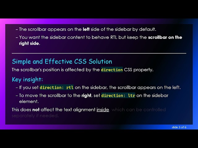 How to Position the Scrollbar on the Right Side in a RTL Sidebar with CSS