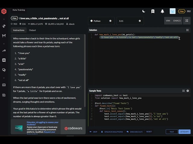 codewars python I love you, a little , a lot, passionately     not at all