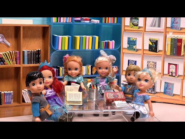 Be quiet ! Elsa & Anna toddlers at library - lots of books ! Barbie dolls