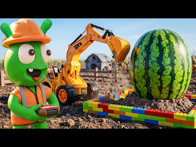 PeaPea Cleans a JCB Excavator for a Giant Watermelon Harvest!
