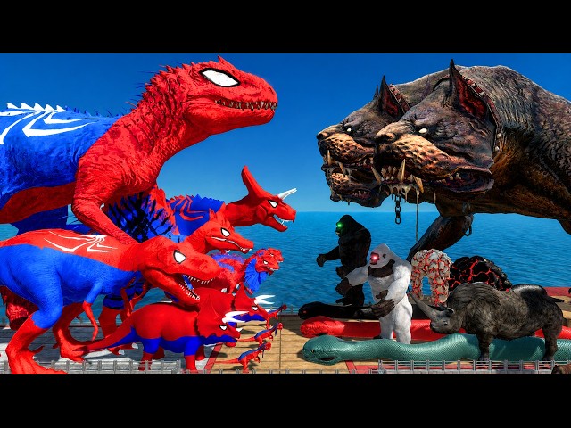 Spiderman Indominus Rex vs Three-Headed Dog | Bridge Challenge | Animal Revolt Battle Simulator