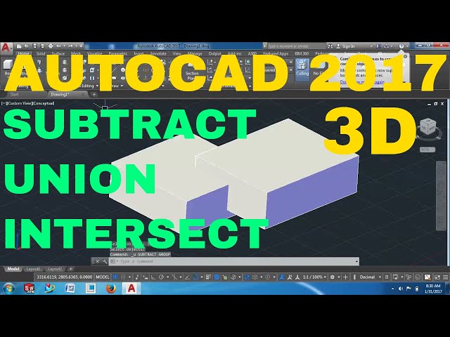 SUBTRACT, UNION, INTERSECT AUTOCAD 2017 3D