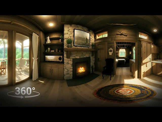 360° Cabin Ambience: Cozy Fireplace, Tranquil Jungle Views, and Steaming Tea Bliss
