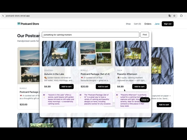 Postcard Store Demo – AI Product Recommender | Claude API + Next.js