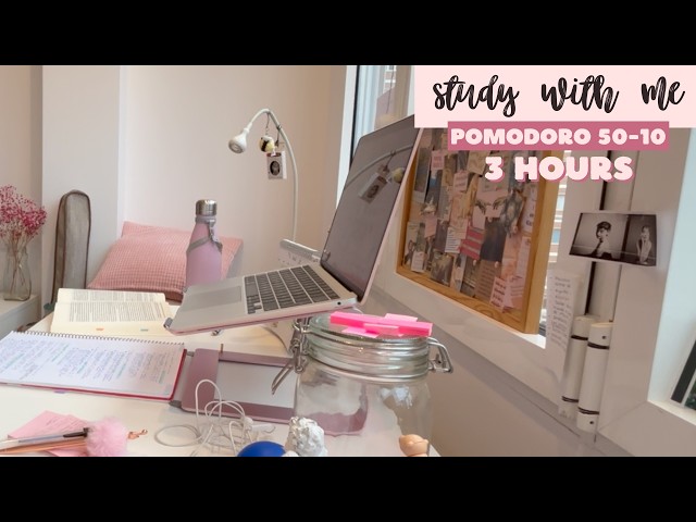 STUDY WITH ME | ASMR studying, pomodoro 50-10 timer, 3 hours, background noise, no music