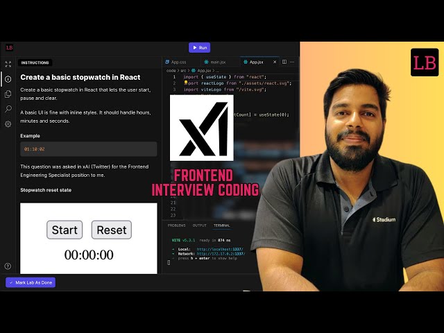 Stopwatch in React | Grok, Twitter, xAI Frontend interview question