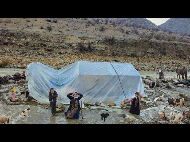 Nomadic life:Wild torrential rain by Khersan River survival of single nomadic girls Zagros Mountain