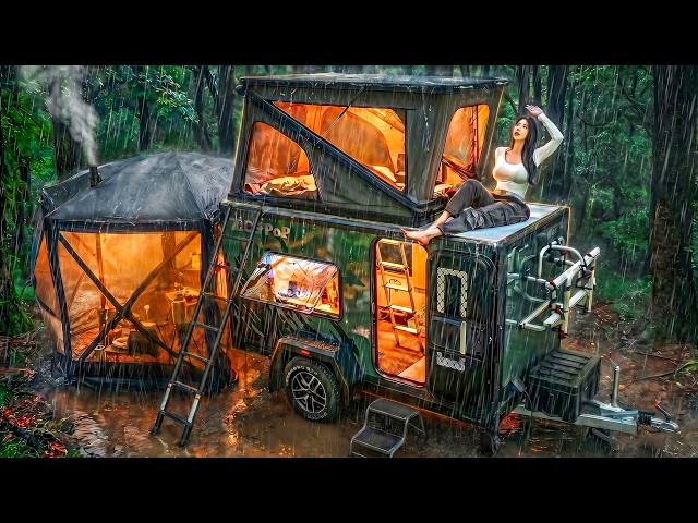 ☔️PEACEFUL RAINY CAMPING IN A NEW POP-UP CARAVAN