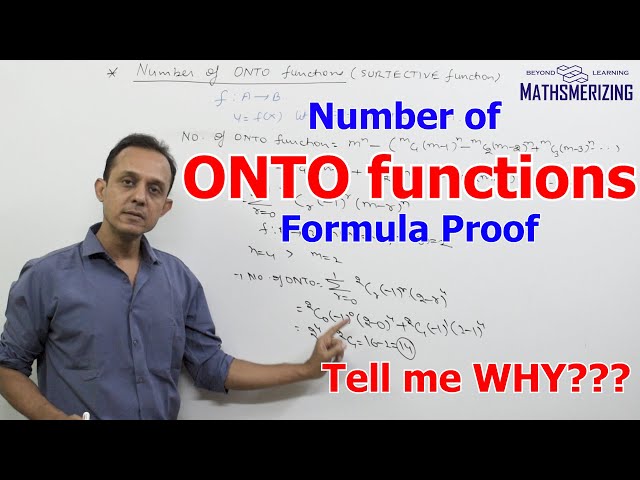 Number of onto functions formula proof: Summation mCr(-1)^r(m-r)^n with example n=4 & m=2