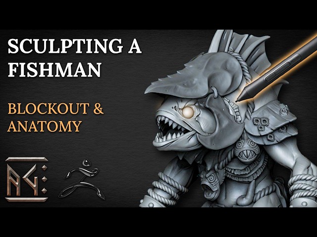 Sculpting a Fishman | Blockout & Anatomy Timelapse Zbrush Sculpting by Andrea Tarabella (x4 Speed)