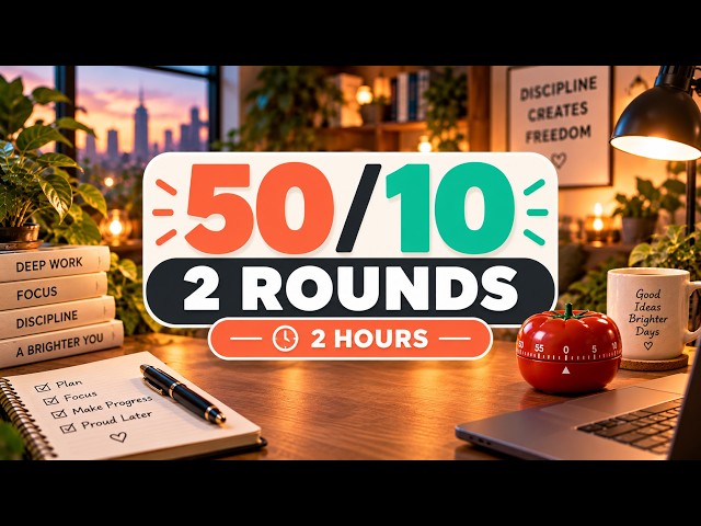 2 Hour Pomodoro Timer | 50 Min Focus + 10 Min Break | 2 Deep Work Rounds