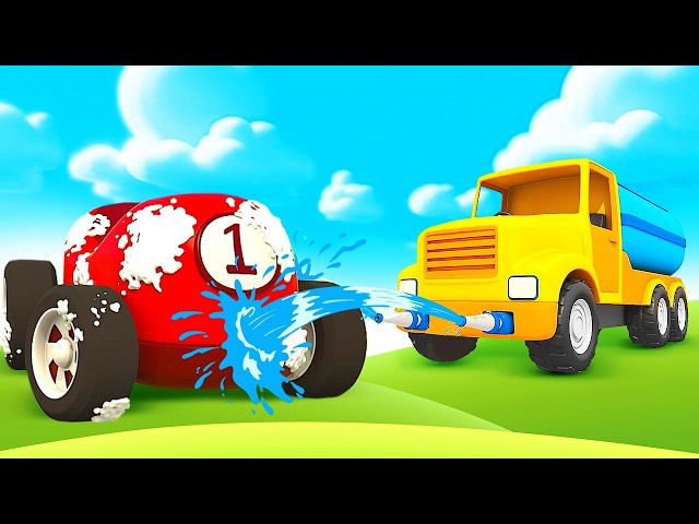 A water truck and other cars arrive to help a fallen ice cream truck and wash the race cars.