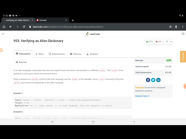 Leetcode Problem 953. Verifying an Alien Dictionary