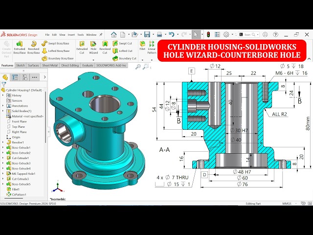 Cylinder Housing Modeling in SolidWorks (Hole Wizard-Counterbore Hole)