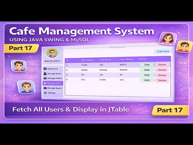 Part 17 | Cafe Management System in Java Swing & MySQL – Fetch All Users and Display in JTable