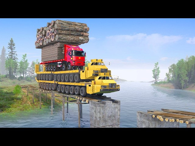 Crossing the MOST DANGEROUS Crumbling Wooden Bridge Over River Ever - Extreme MudRunner Challenge
