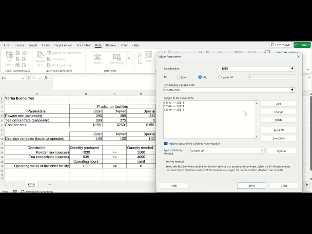 Linear Programming with Excel including sensitivity explanation