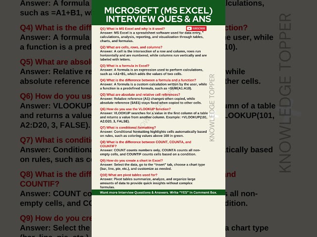 MS Excel Interview Questions and Answers | Microsoft Excel Interview Questions and Answers