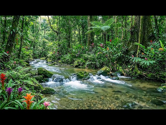 Hermosas melodías de pájaros y suaves sonidos de arroyos en el bosque de montaña