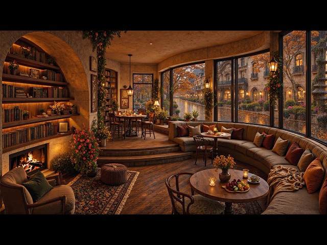 Rainy Autumn Library Café Jazz 🍂 Warm Piano, Fireplace & Cozy Street Ambience for Reading and Focus