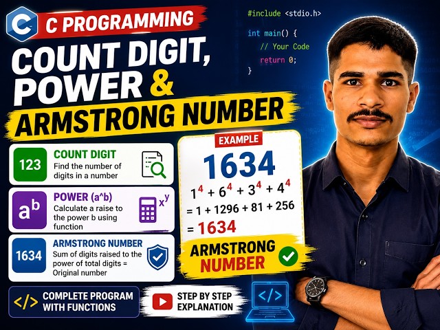 3 Concepts in 1 C Program 🚀 | Count Digits + Power + Armstrong Number