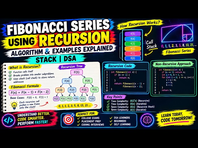 Lecture 38 Fibonacci Series Using Recursion With Explained Algorithm & Examples | Stack | DSA
