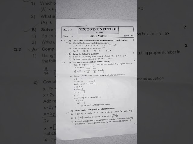 9th Maths 1 Unit Test 2 | SSC Board Maharashtra | Question Paper & Solutions #maths #1#9th #question