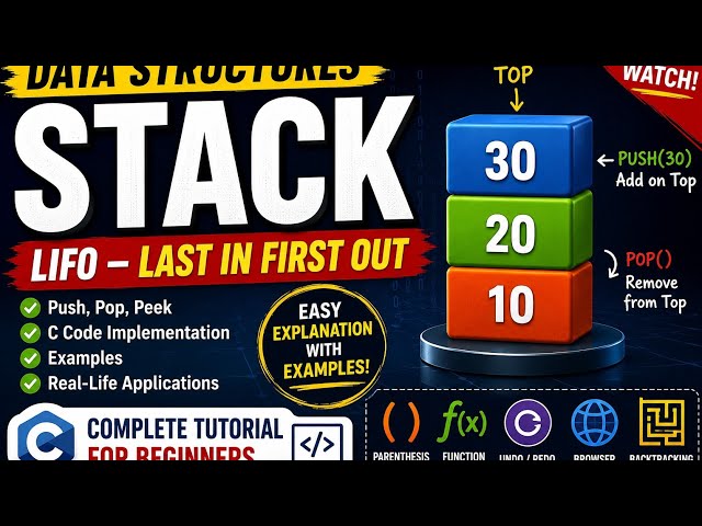 🔥 Stack in C | Complete Tutorial for Beginners | Push, Pop, Peek, isEmpty & isFull