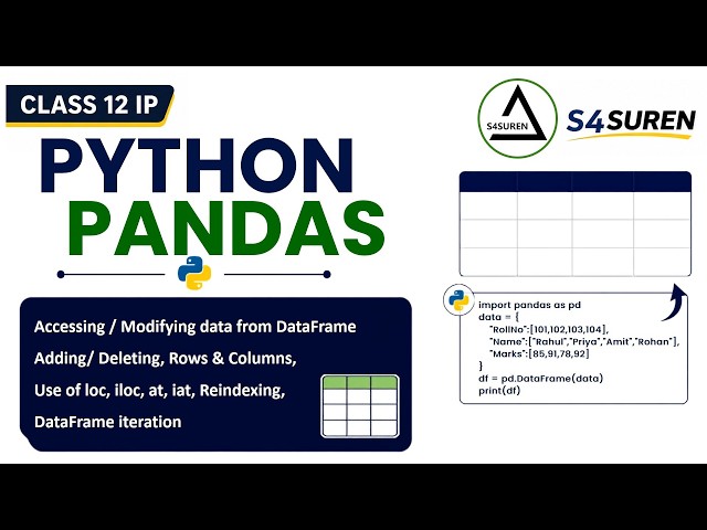 DataFrame Creating, Accessing, Modifying, loc, iloc, at, iat | Class 12 IP Ch 01 Python Pandas-I