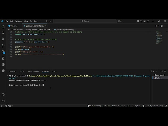 OIBSIP Python Task 3 – Random Password Generator | Oasis Infobyte Internship | Python Project