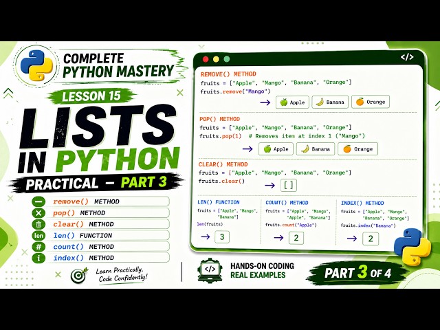 Lists in Python Practical Part 3 | remove(), pop(), clear(), len(), count(), index() | Lesson 15