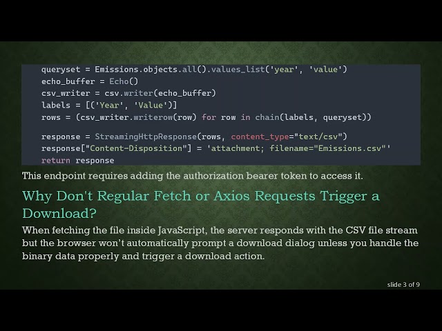 How to Download a CSV from a Protected Django API Using axios or fetch in React