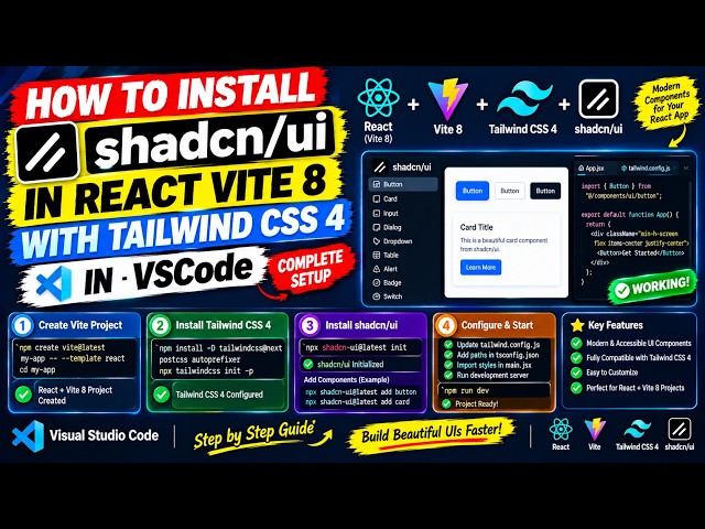 How to Install shadcnui Library in React Vite 8 with Tailwind CSS 4 in VSCode – Complete Setup
