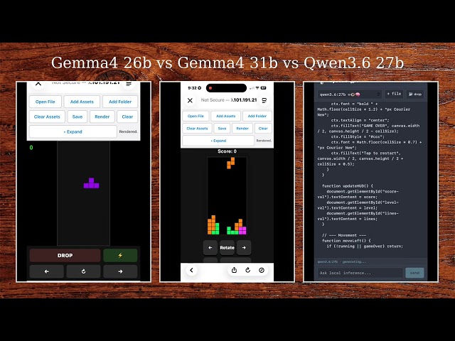 Tetris HTML comparison Gemma 4 26b vs Gemma 4 31b vs Qwen 3.6 27b