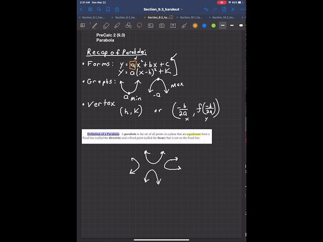 PreCalc 2 (9.3) Conic Section Parabola