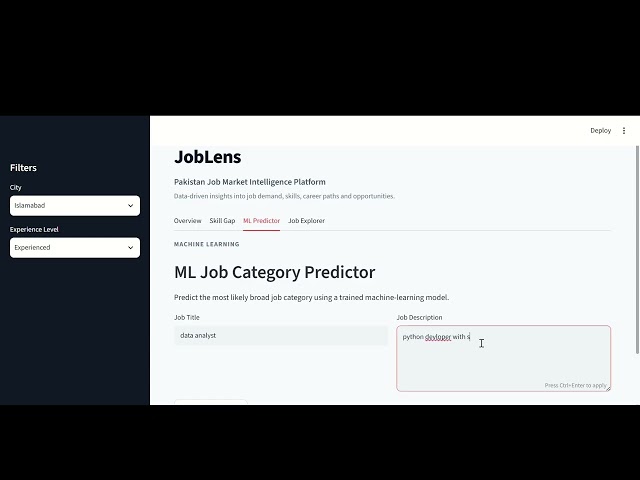 JobLens | Pakistan Job Market Intelligence Platform | Python + ML + Streamlit